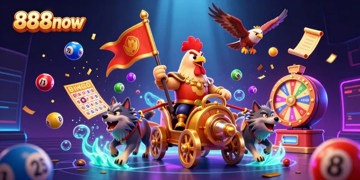 Engage with 888now as the rooster warlord guides your gaming adventure with bright lottery balls and prize elements.