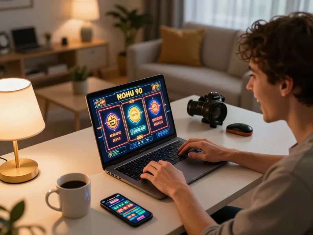 Engaging user playing NOHU 90 slots on a laptop at home, showcasing responsible gambling.