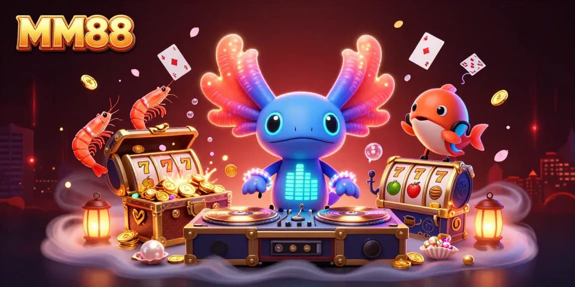 Engage with MM88’s vibrant casino atmosphere featuring a neon axolotl DJ and dazzling gaming elements.