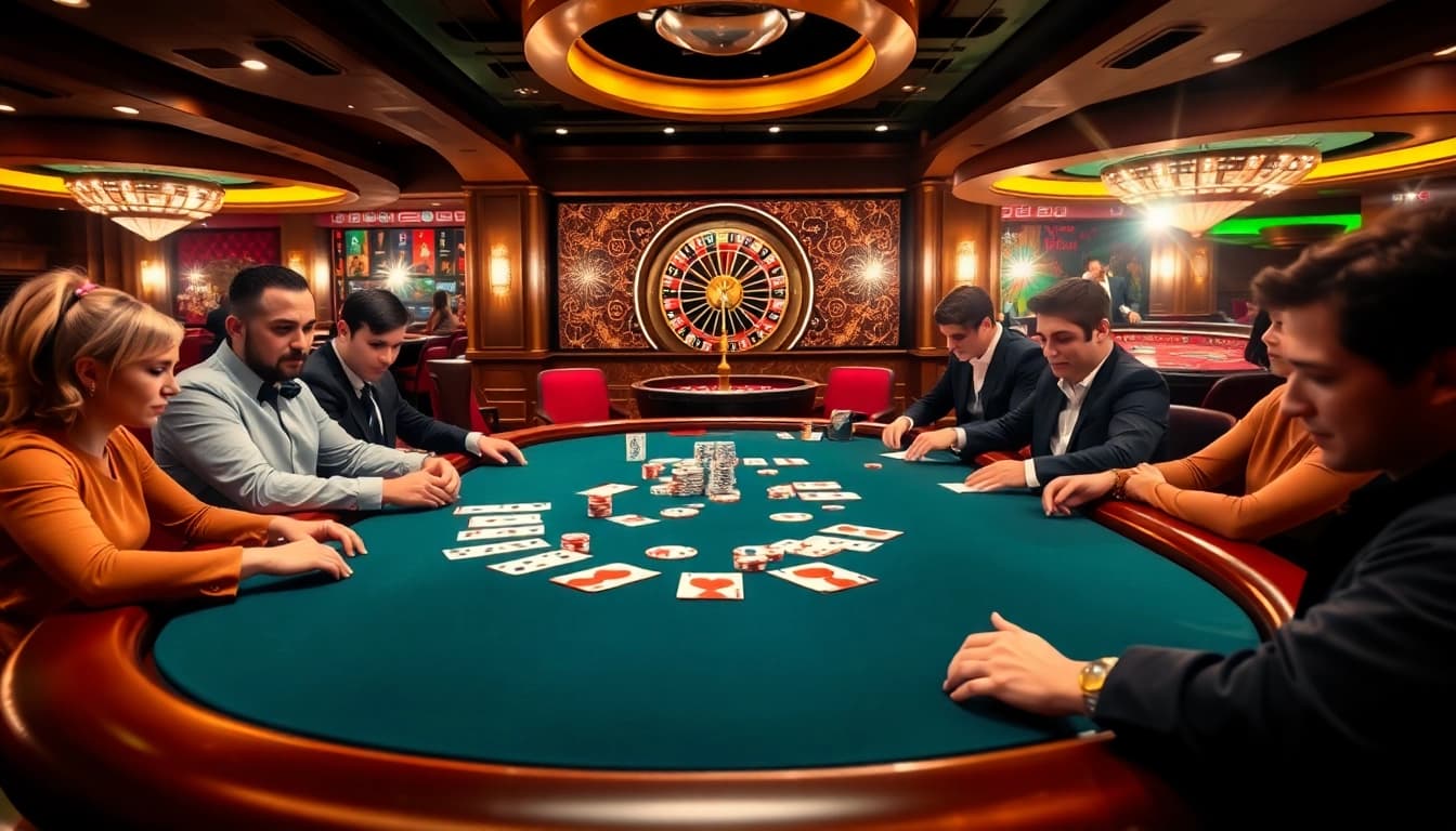 A thrilling poker game at a luxurious casino reflecting the excitement of E2BET's gambling experience.
