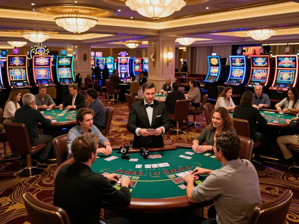 Players enjoying classic casino gameplay at luck8 blackjack tables with vibrant ambiance
