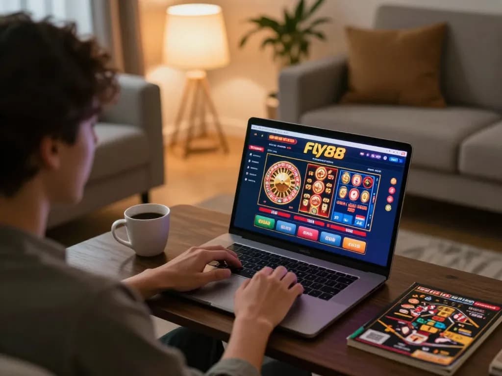 Engaging in exciting online gaming at Fly88 with a laptop and cozy home setup