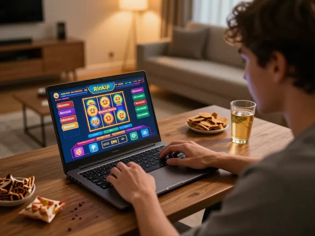 Player enjoying the excitement of rikvip online casino games through a laptop at home.