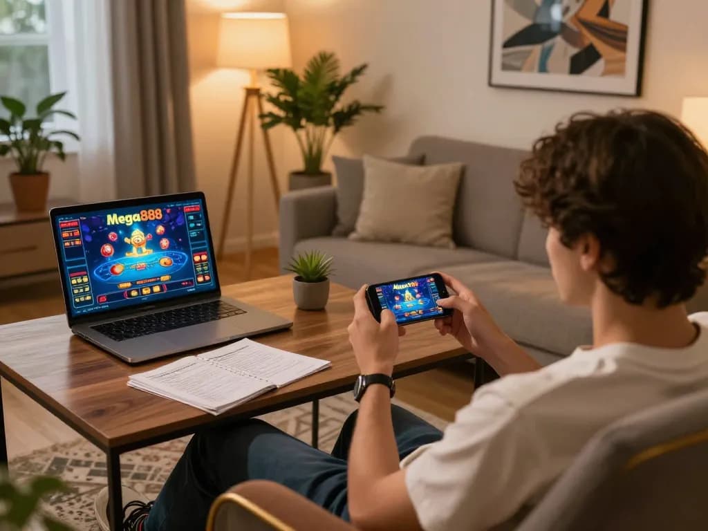 Mega888 mobile gameplay on smartphone showcasing strategic betting in cozy home setting