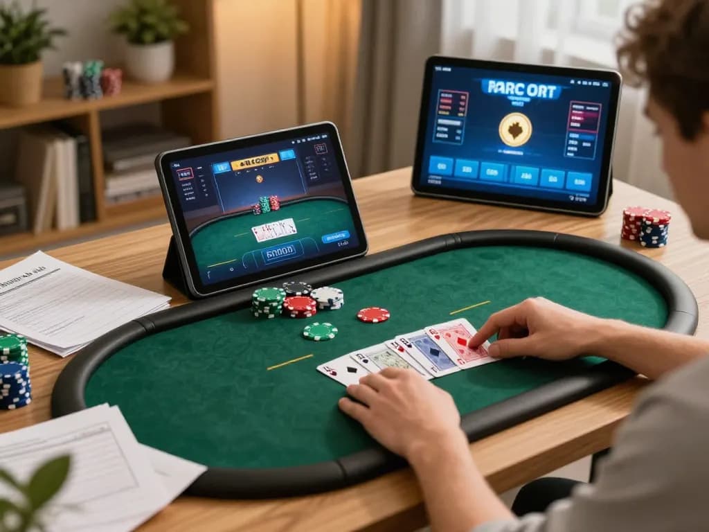 Engaging online poker game on tablet at home, showcasing strategic gameplay on https://fabet.credit/ with players and cards visible.
