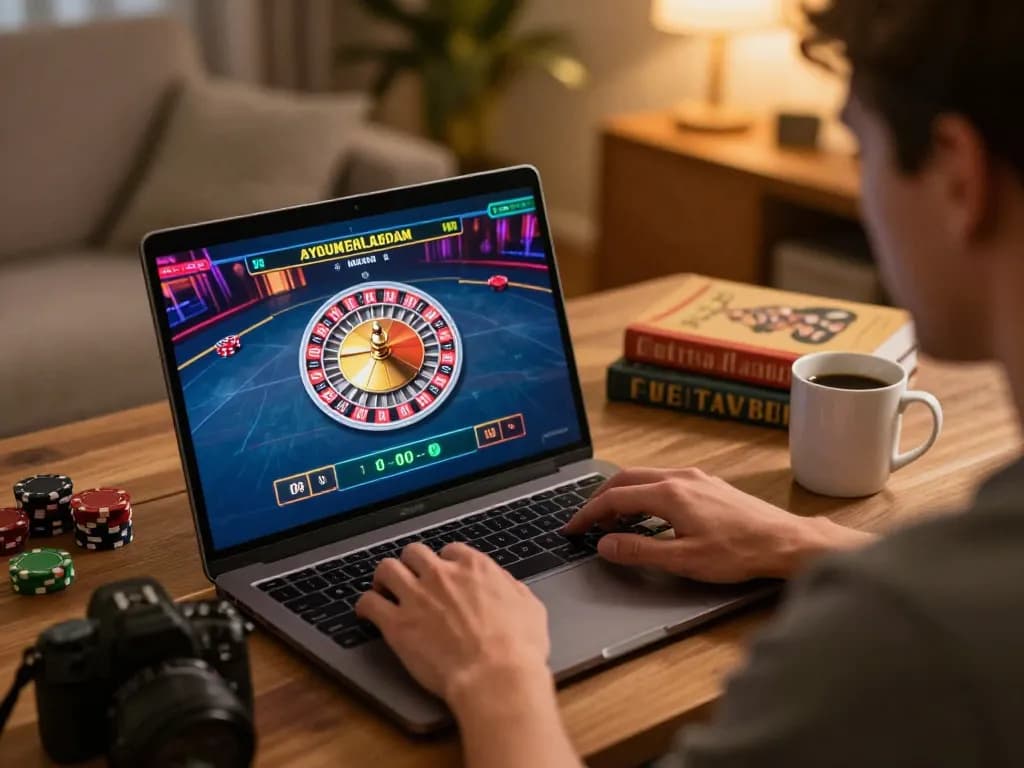 Engaged player enjoying roulette on https://rr88.wales/ with cozy home setup, highlighting live dealer excitement.