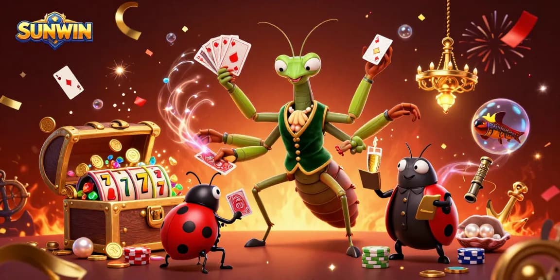 SUNWIN engages players with a vibrant scene of a card sharp and pit boss in a lively casino atmosphere.