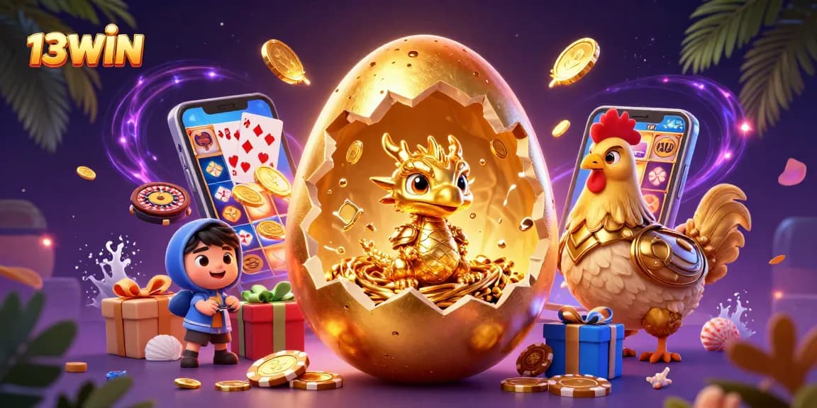 Experience thrilling gaming with 13WIN, featuring a golden dragon and poker chips in a vibrant casino scene.