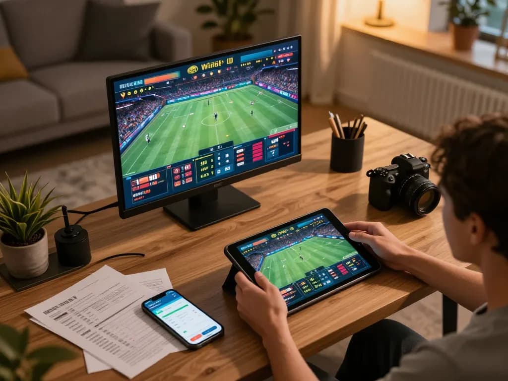 Engaging in sports betting with Winbd from a comfortable home setup, highlighting an immersive gaming experience.