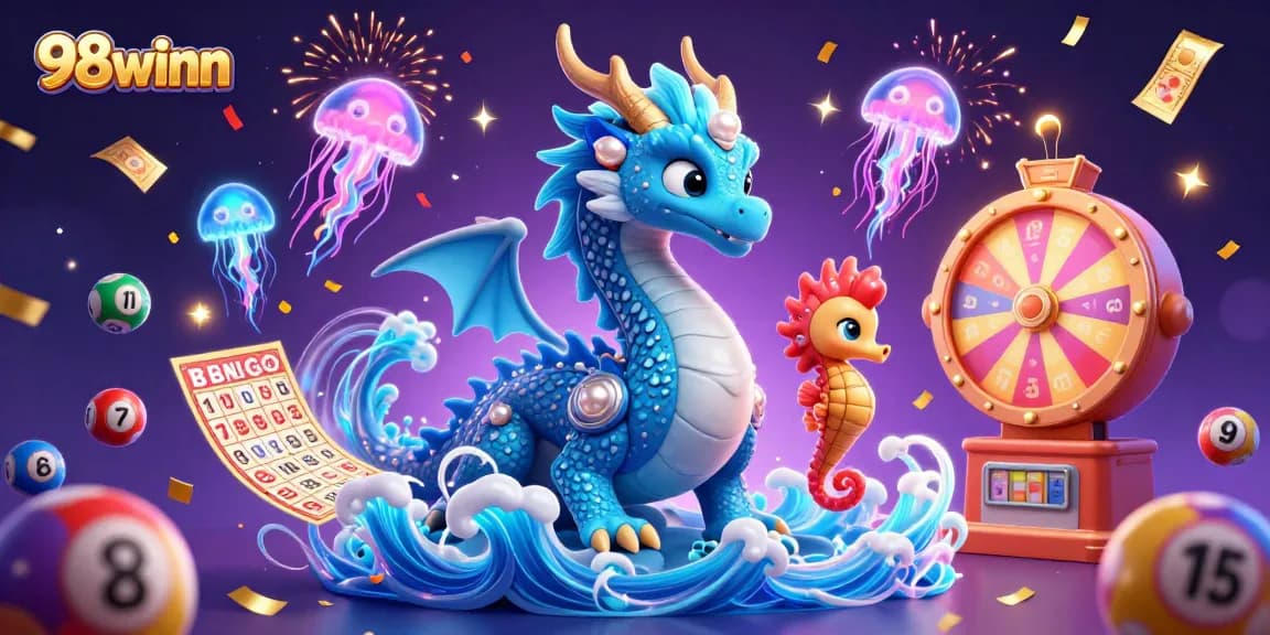 Experience excitement with 98winn as colorful lottery balls and casino elements fill the scene.
