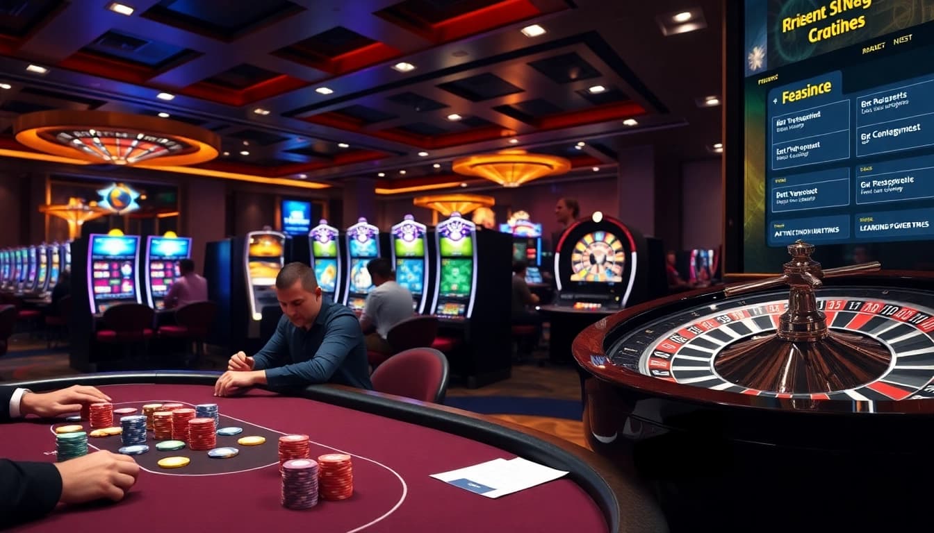 Betting action at https://u888u.to/, featuring poker players, colorful chips, and vibrant slot machines.