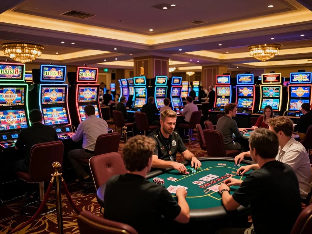 Exciting gamers placing bets on slot machines at Luck8 casino, showcasing vibrant gambling atmosphere