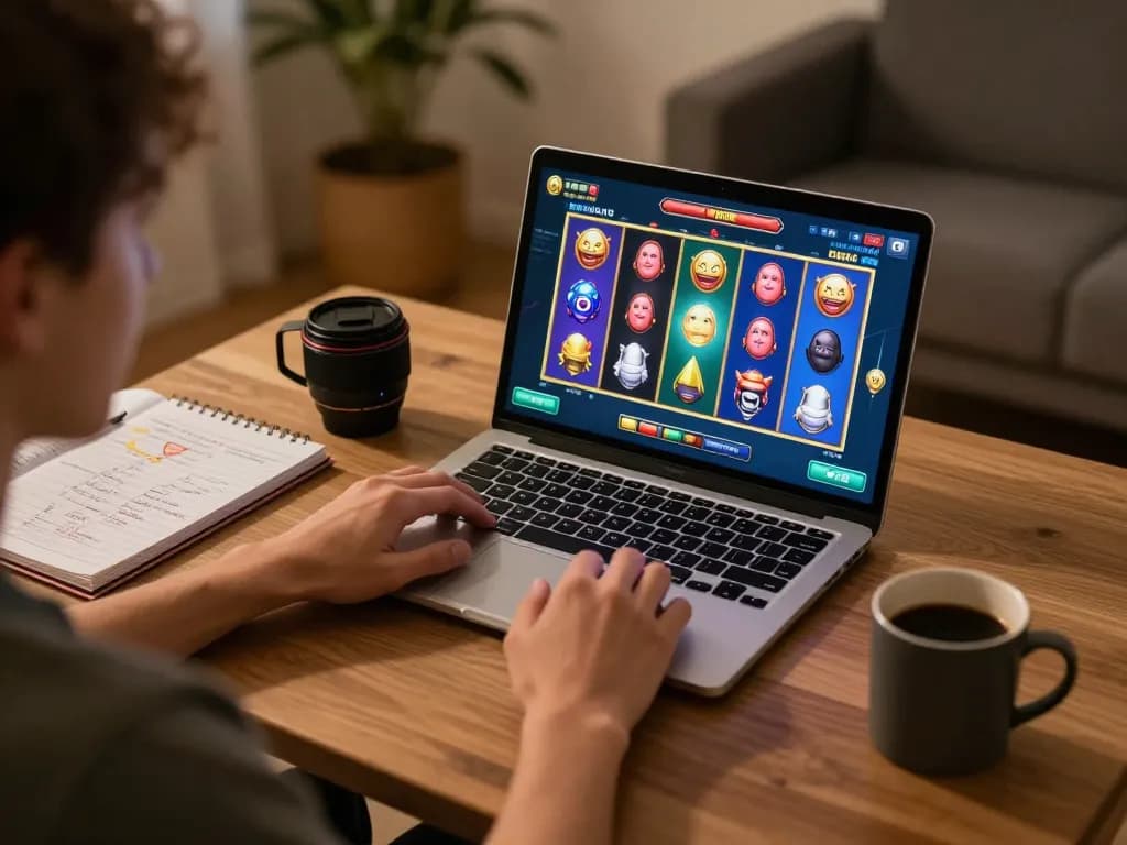 Player enjoying no hũ gameplay on laptop in a cozy home setting with notes
