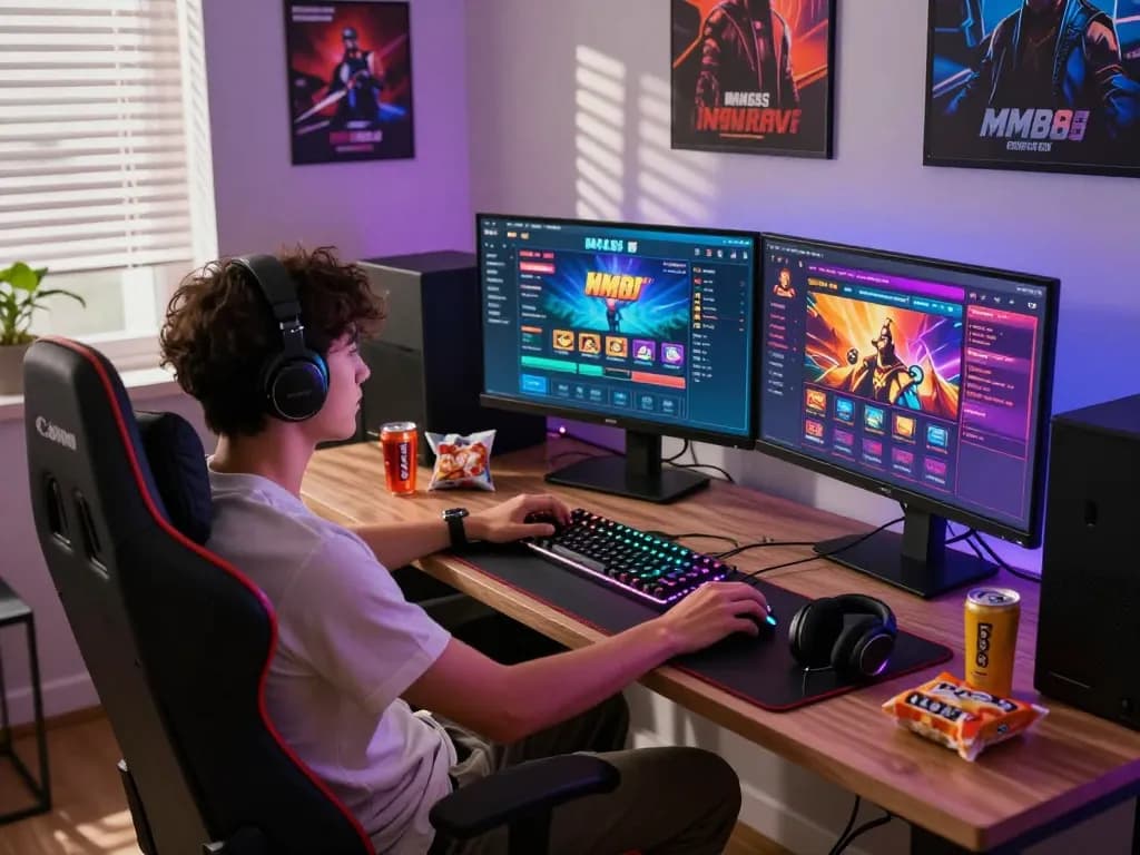 Engaging home gaming setup showcasing MM88 online casino excitement with vibrant graphics and gaming peripherals.