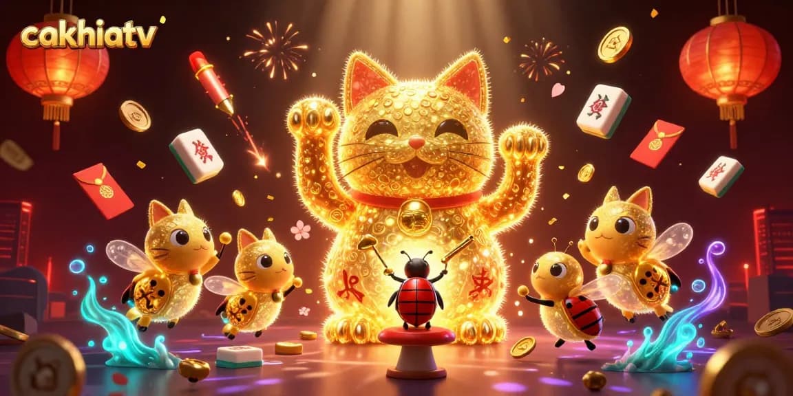 Cakhiatv brings players a vibrant casino experience with a golden lucky cat illustration surrounded by dynamic gambling elements.