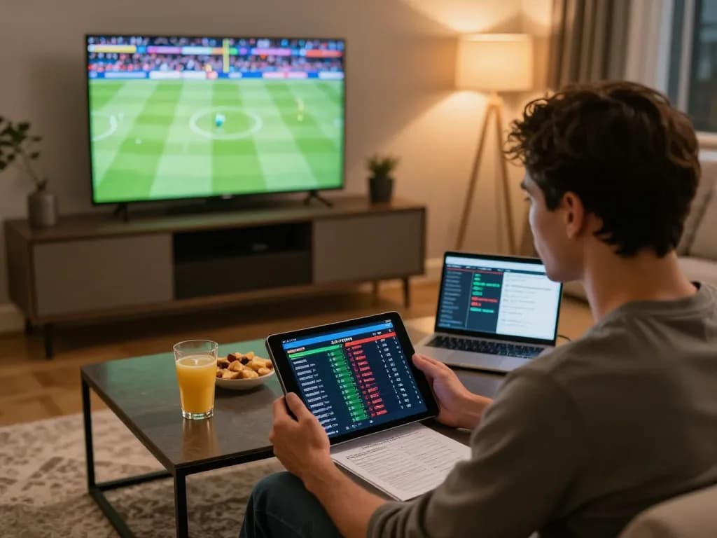 keobongda user engaging in sports betting activities at home, displaying vibrant odds and football action on screen.