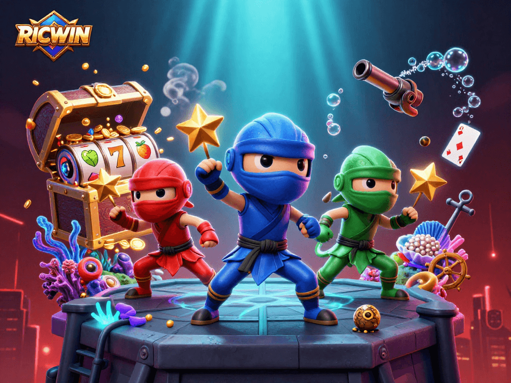 RICWIN showcases a vibrant 3D scene with ninja chameleons amidst dazzling slot reels and treasures.