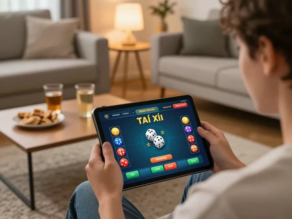 Tài Xỉu gameplay on tablet in a cozy home setting showcasing strategic decisions.