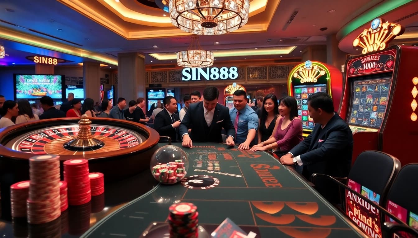 SIN88 engaging casino atmosphere with poker chips, roulette wheel, and digital betting screens.