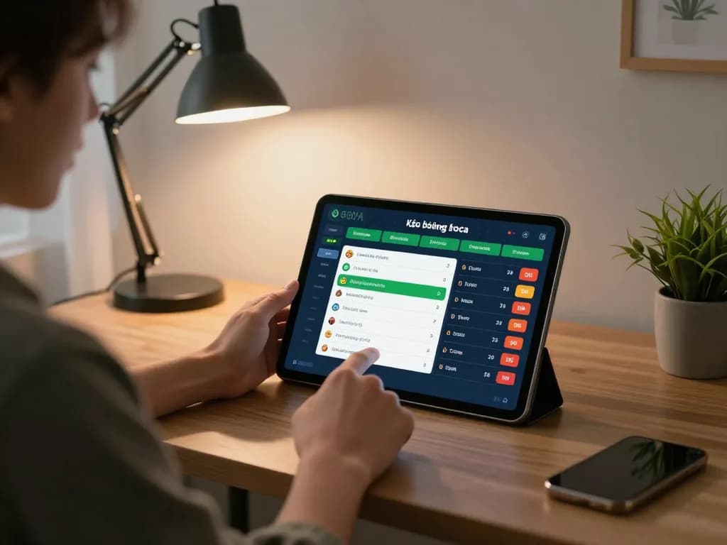 Engaging in kèo bóng đá with tablet in a cozy home office, showcasing live betting options.