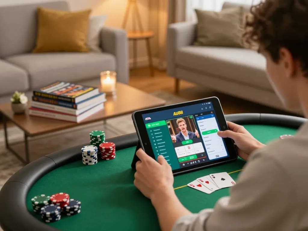 Engaging gameplay on Au88 app showcasing poker strategies in a cozy home setting.