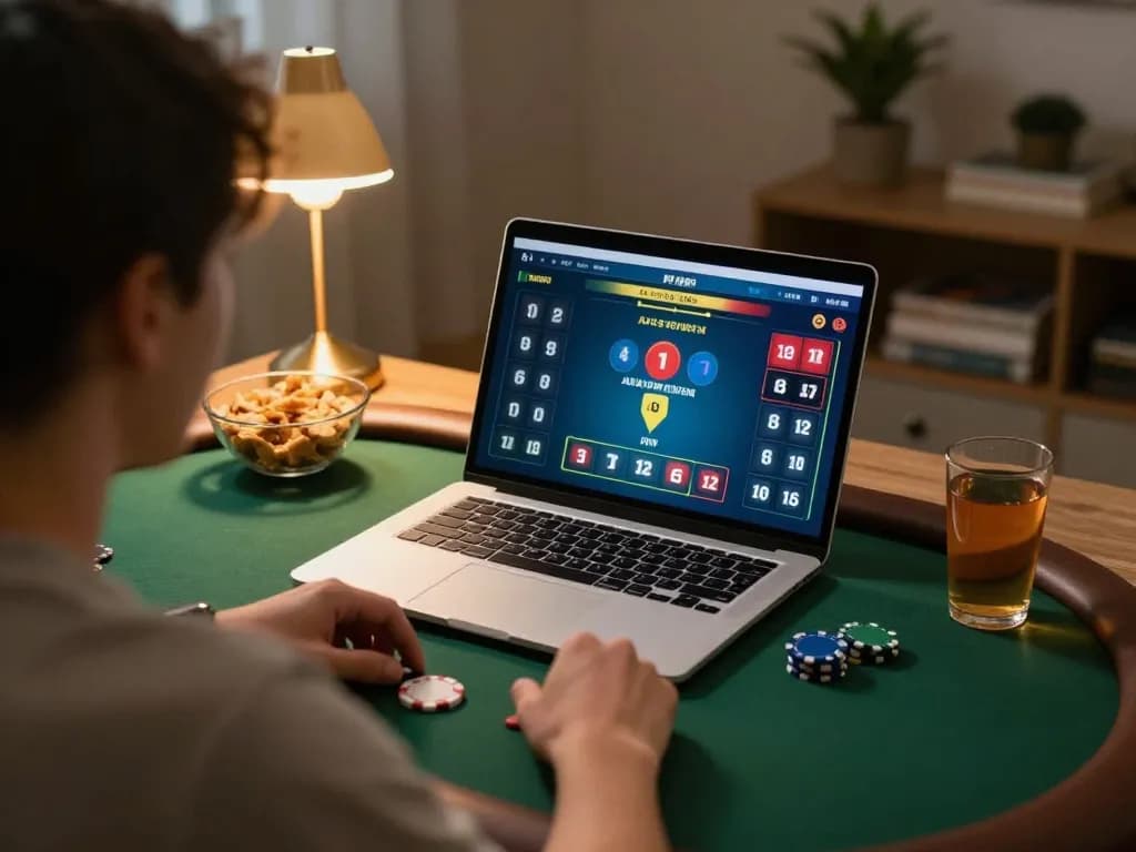 Player strategizing during an online poker game on laptop, showcasing FC88's engaging gaming experience.