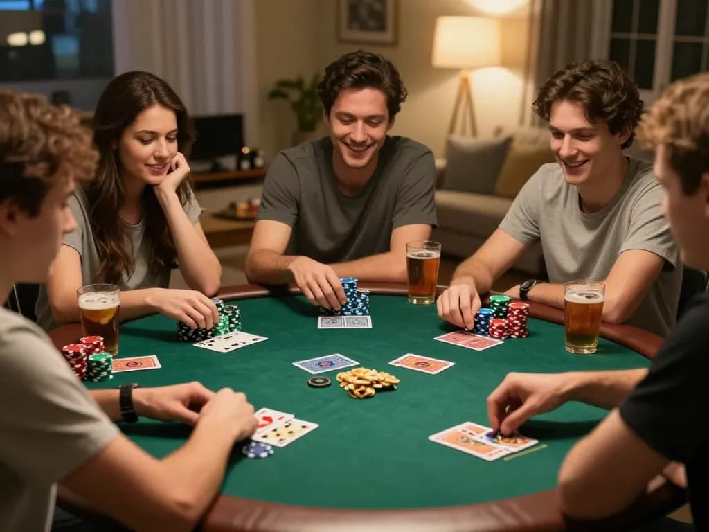Friends enjoying a lively poker game at home, showcasing fly 88 strategies with colorful chips and cards visible.