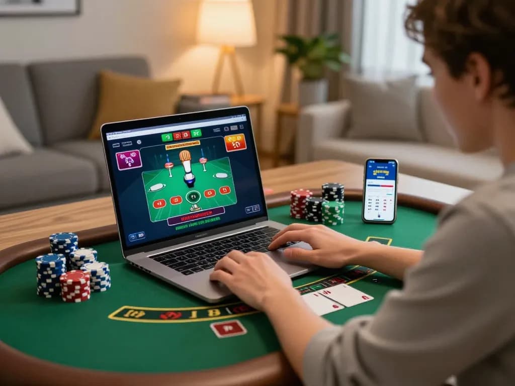 Engaged player using fly88 app on laptop for live dealer blackjack, showcasing strategic gameplay.