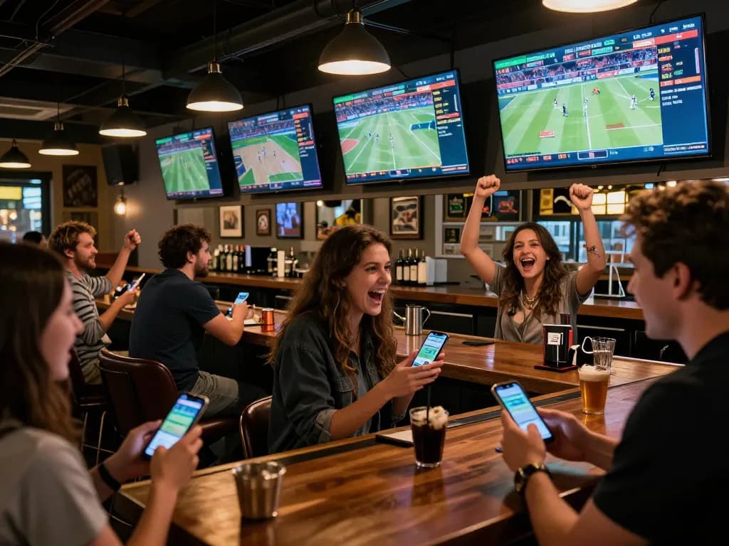 Betting action on https://tg88uk.com/ as sports fans enjoy live games in a vibrant bar atmosphere