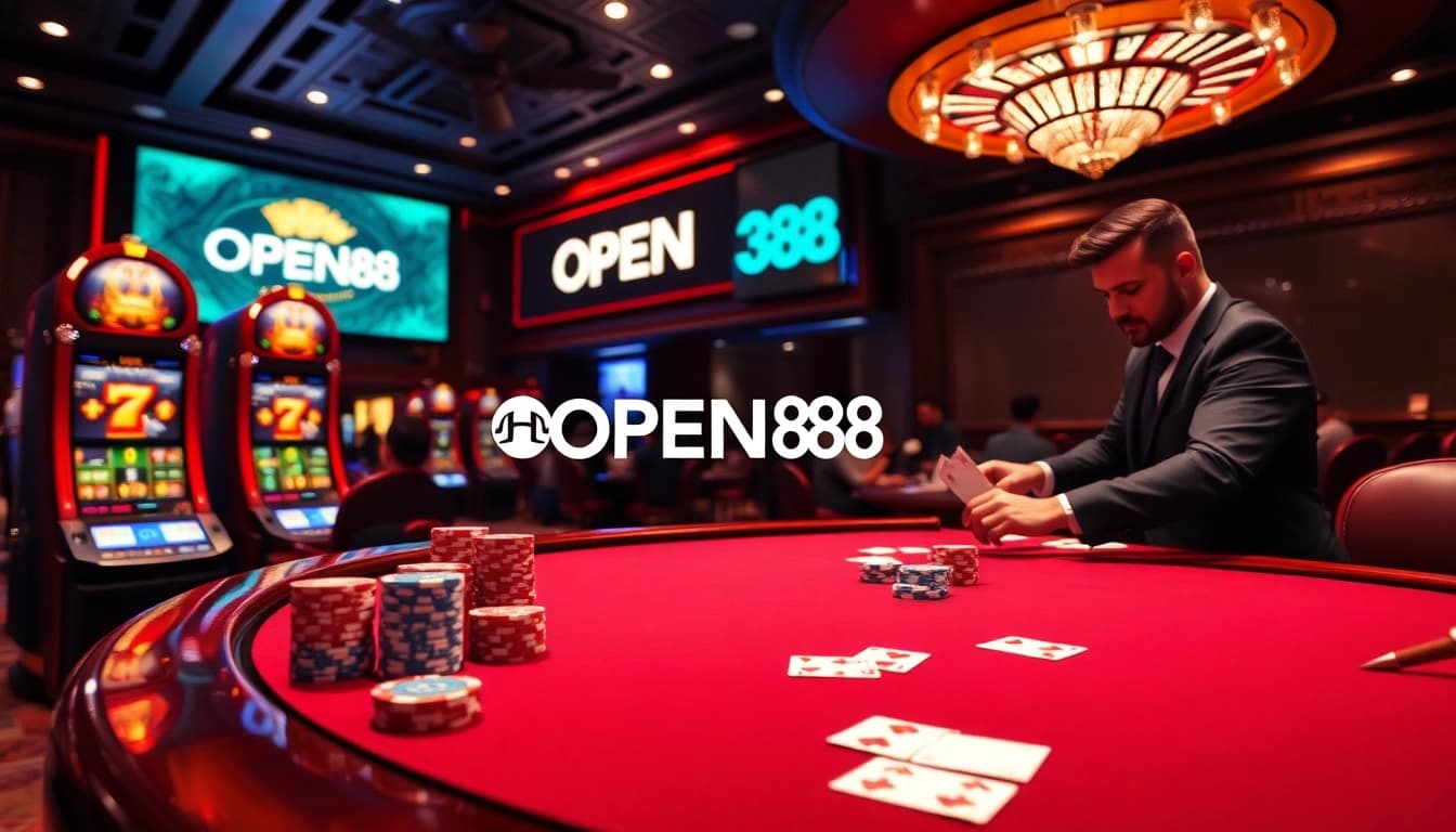 Engaged gamblers playing poker at a vibrant casino with the OPEN88 logo featured prominently.