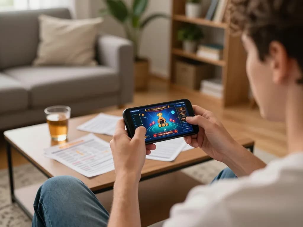Player enjoying 98win on smartphone in a cozy home setting with gaming notes and drinks.