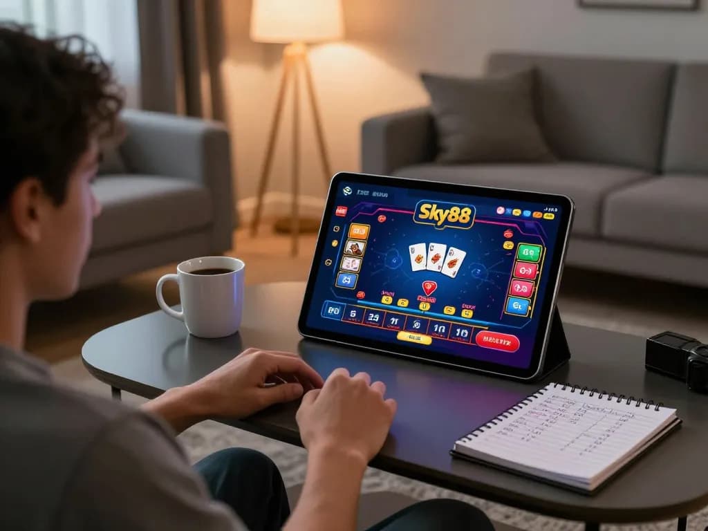 Player experiencing Sky88 online casino excitement on tablet while managing their bankroll at home.