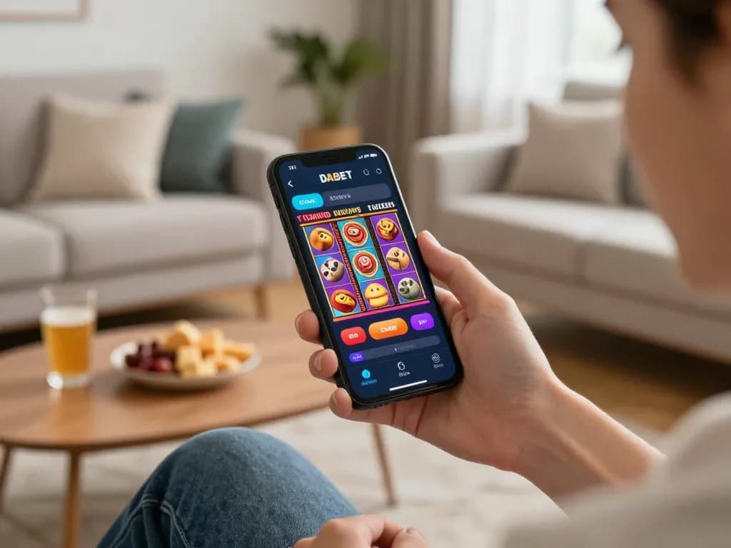 DABET online casino app showcasing a winning slot game on a smartphone in a cozy living room.