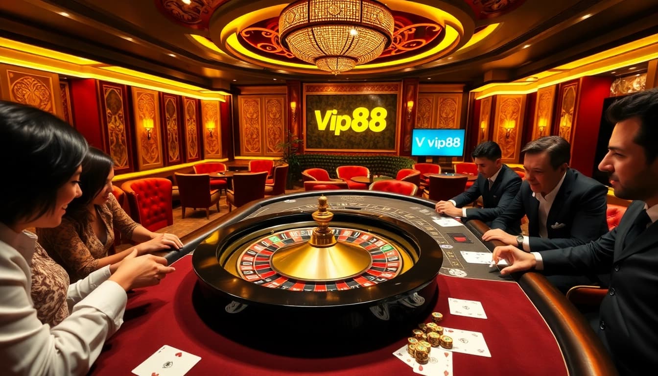 Exciting scene at Vip88 casino with players betting at a roulette table.