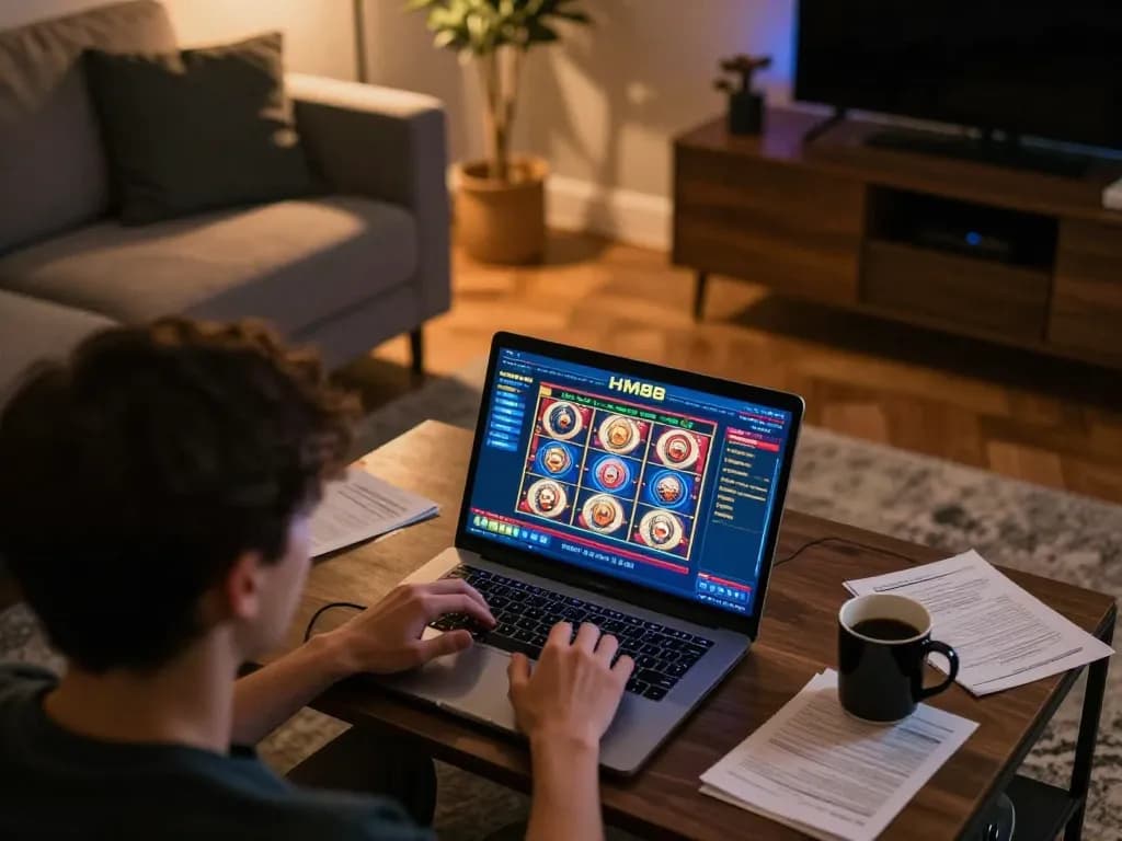Player enjoying HM88 online slots in a modern living room setting, showcasing home gaming experience
