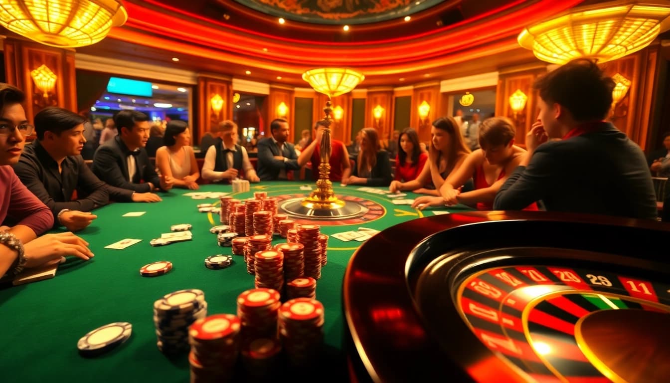 Excited players at a poker table embody the thrill of gambling with rikbet chips and cards.
