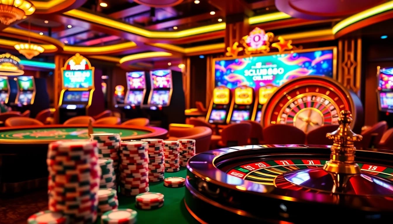 SCLUB88 CO casino scene highlighting poker chips and a vibrant slot machine in a luxurious atmosphere.