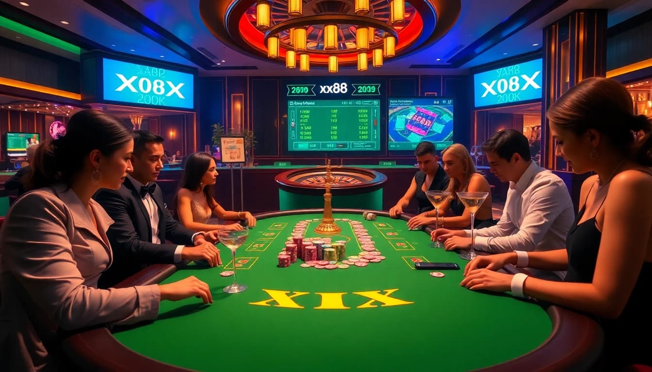 Engaged players at x88 poker table amid a vibrant casino atmosphere filled with excitement.