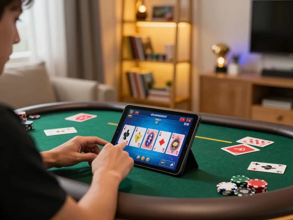 Engaging in Game bài đổi thưởng on a tablet while seated in a cozy home setup with poker cards visible.