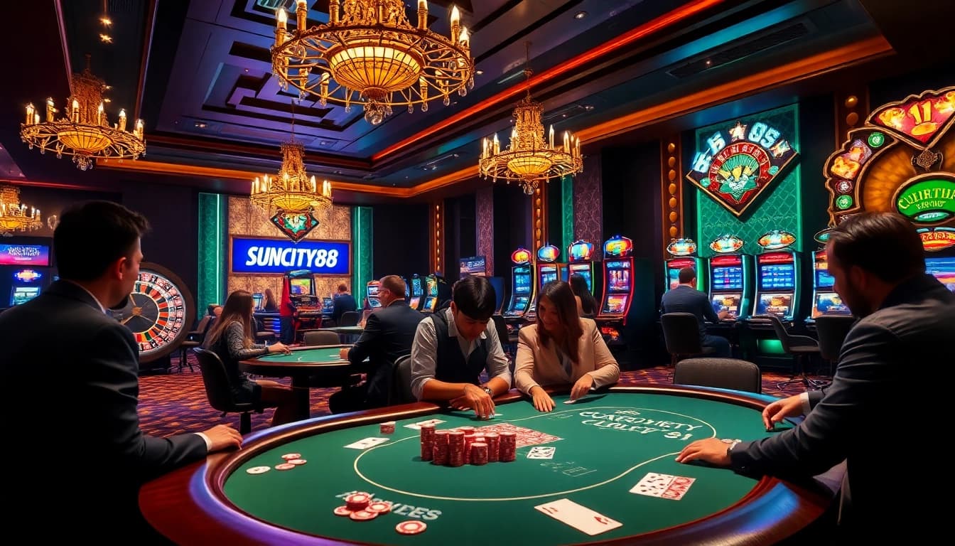 SUNCITY88 players enjoying a thrilling game of poker with vibrant chips and cards.
