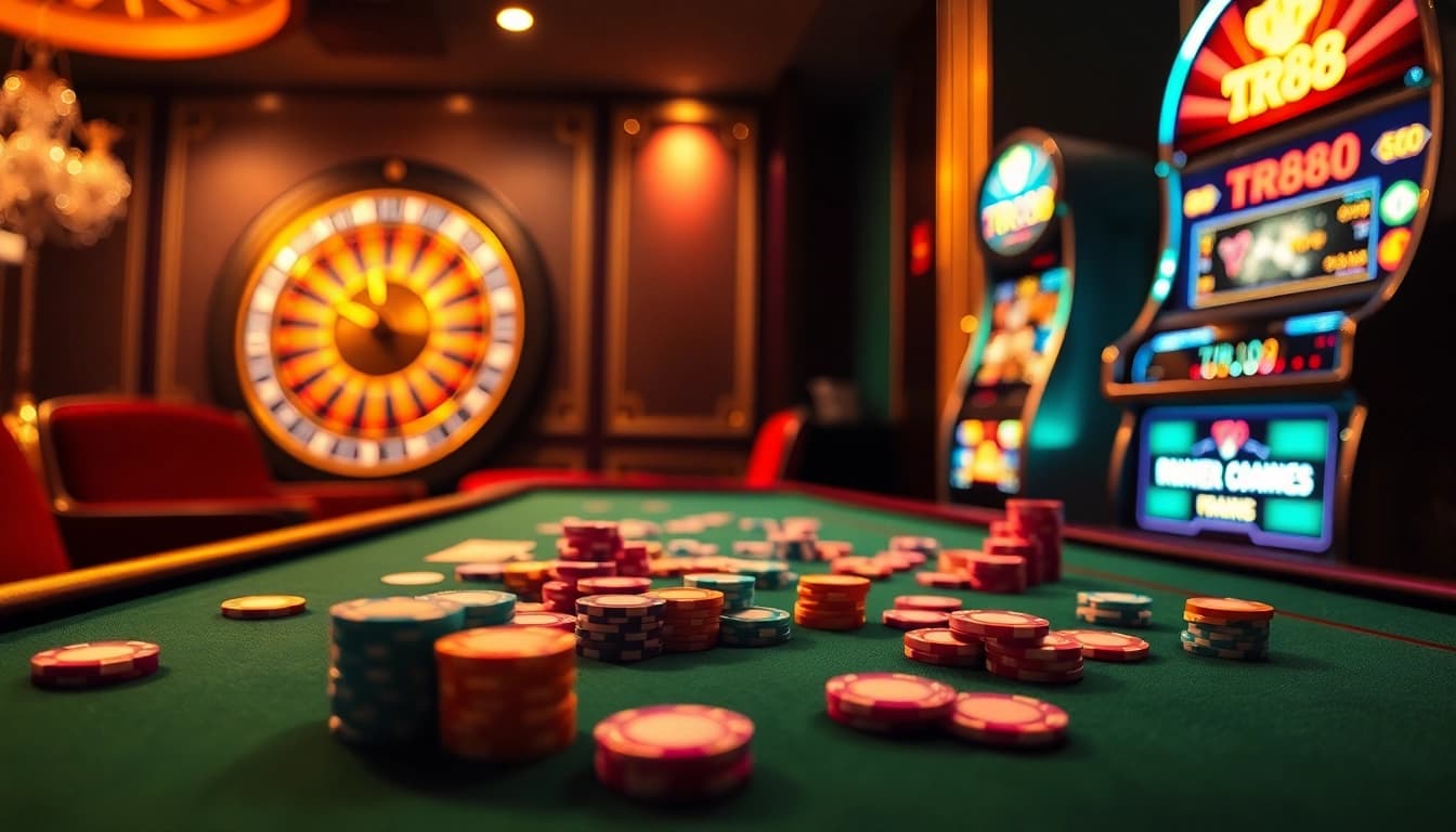 Engaging players at a table with TR88 poker chips and a roulette wheel in a vibrant casino.