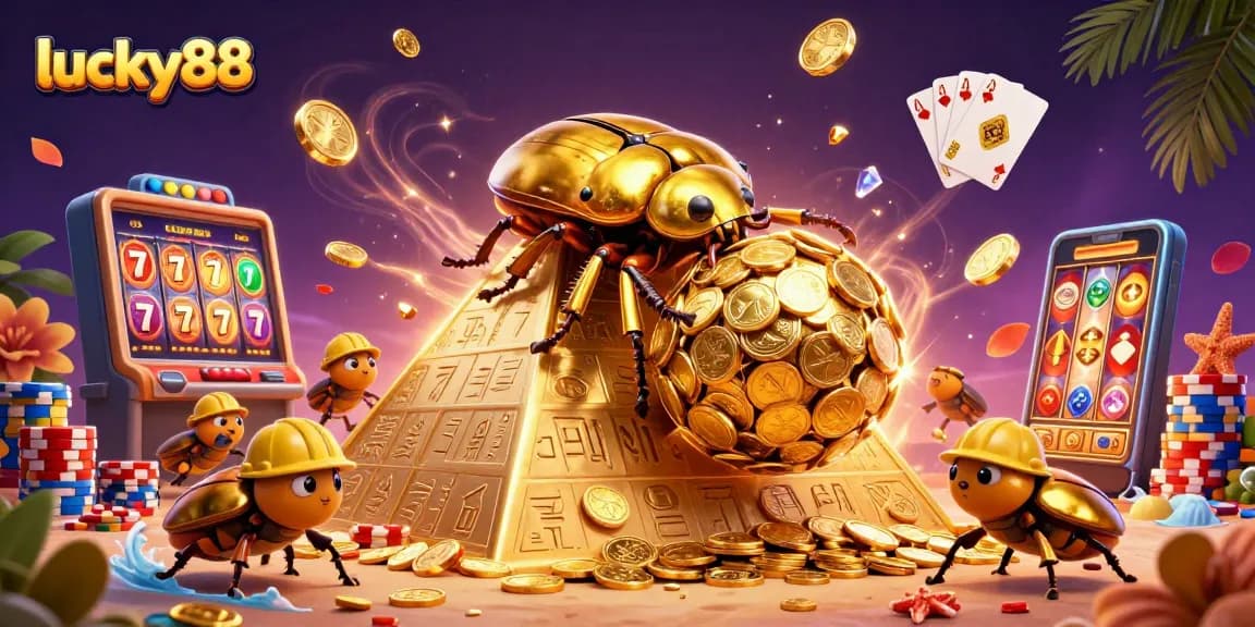 Engage in thrilling gameplay with lucky88, featuring golden beetles and casino symbols in a vibrant scene.