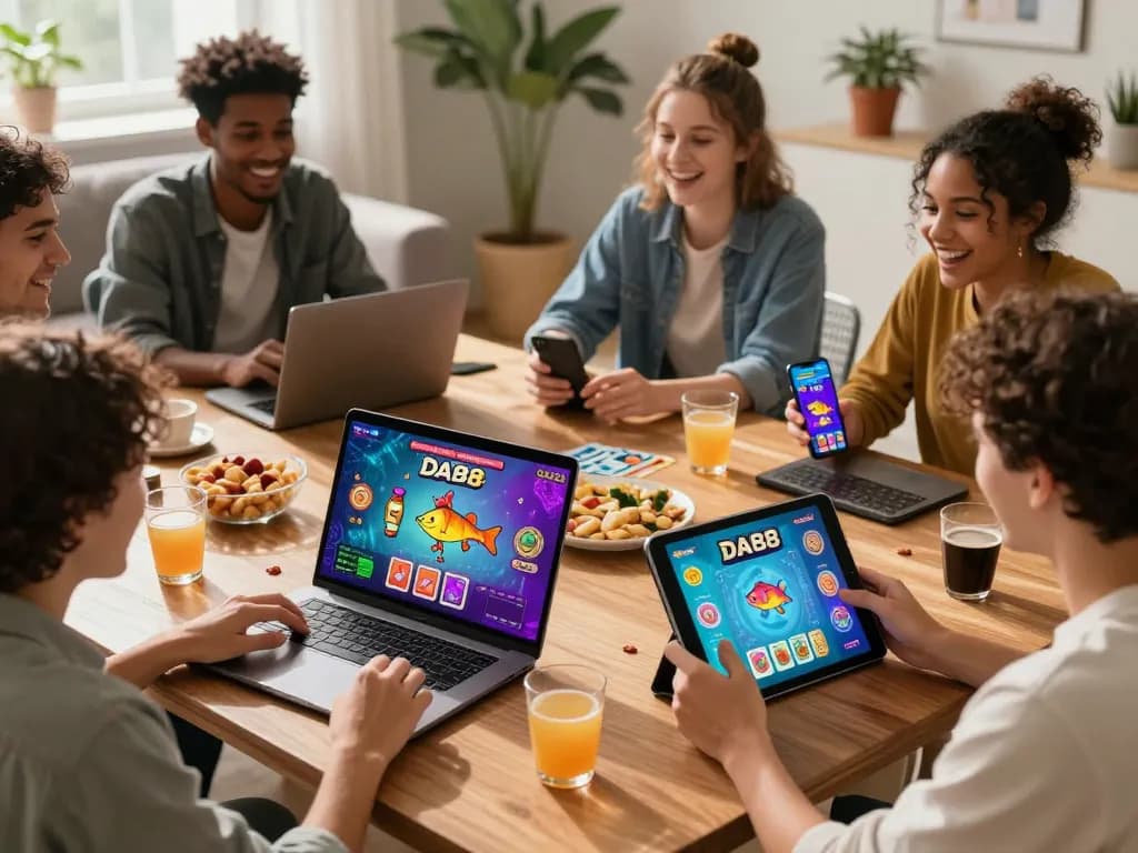 Friends enjoying DA88 online gaming on multiple devices in a lively home setting.