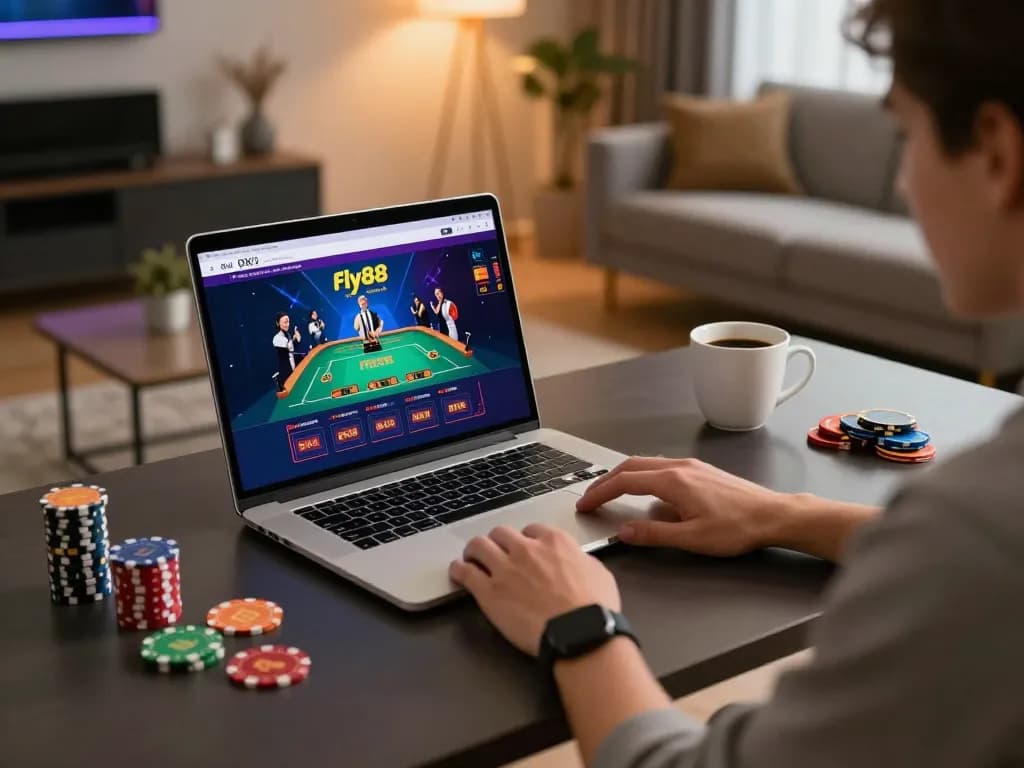 Engaging in fly88 online live dealer gaming at home, showcasing a cozy setup with a laptop and coffee