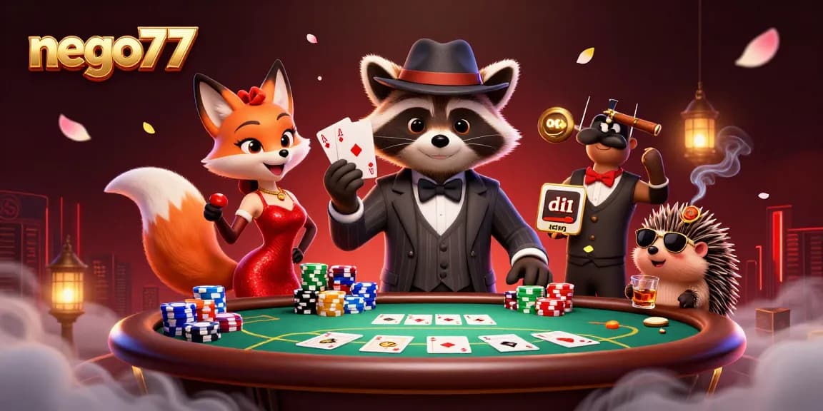 Nego77 platform showcasing a charming raccoon in a pinstripe suit at a poker game with vibrant casino elements.
