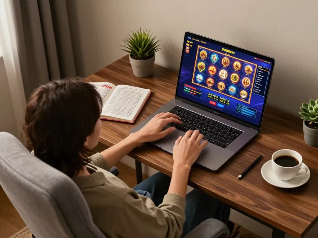 Engaged player explores exciting slot games on 999bet via laptop in a stylish home gaming setup.