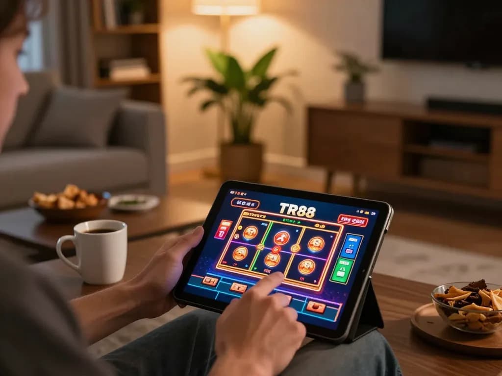 Engaging scene of TR88 online casino gaming with a player focused on a tablet amidst a cozy home setting.