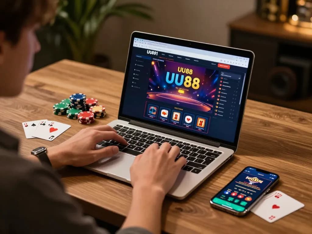 Engaging online gaming with UU88 casino interface on laptop, showcasing strategic betting.