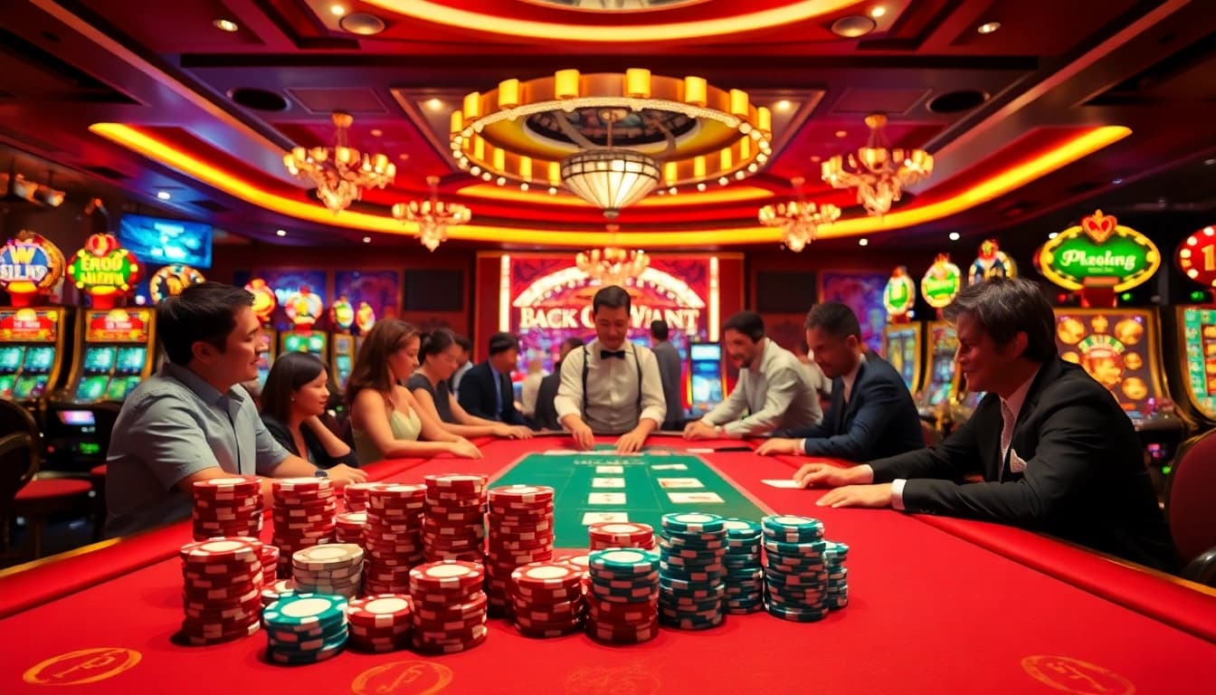 Engage in thrilling gameplay at trang chủ 33win with vibrant casino tables and cheerful gamblers.