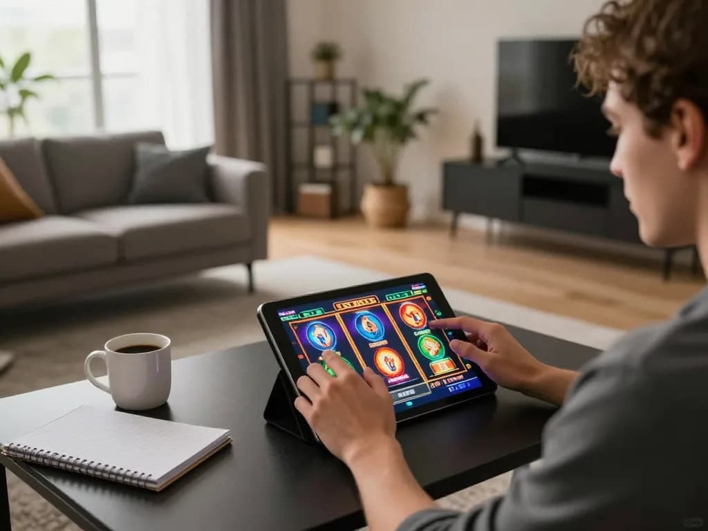 Enjoying SV368 slots on a tablet in a cozy living room setting with ambient lighting